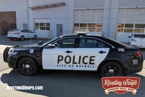 Police Interceptor graphics design and wrap for new Bothell Police Department by Riveting Wraps