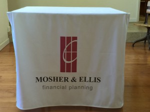 Front of table with logo