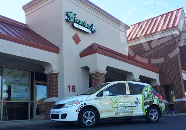 The custom illuminated channel letter sign and vehicle wrap for Giardino Gourmet Salads in Brentwood TN. 12-Point SignWorks - Franklin TN