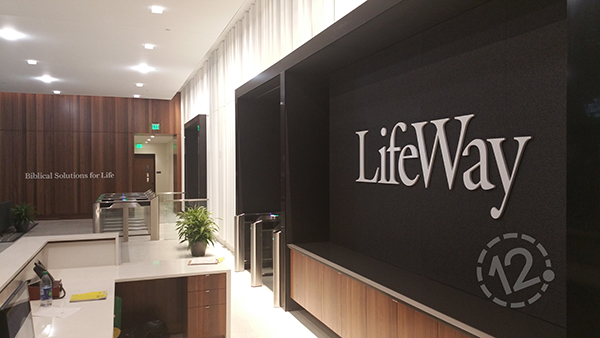 LifeWay logo sign installed on fabric-covered wall on the conference level. 12-Point SignWorks - Franklin, TN