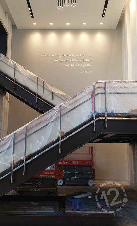 Bible verse, created with dimensional acrylic letters, above the main staircase at LifeWay. 12-Point SignWorks - Franklin, TN