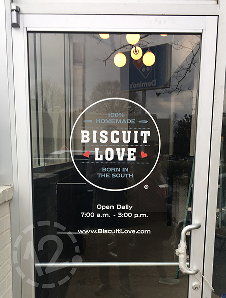 Custom window graphics for Biscuit Love in Nashville. 12-Point SignWorks - Franklin, TN
