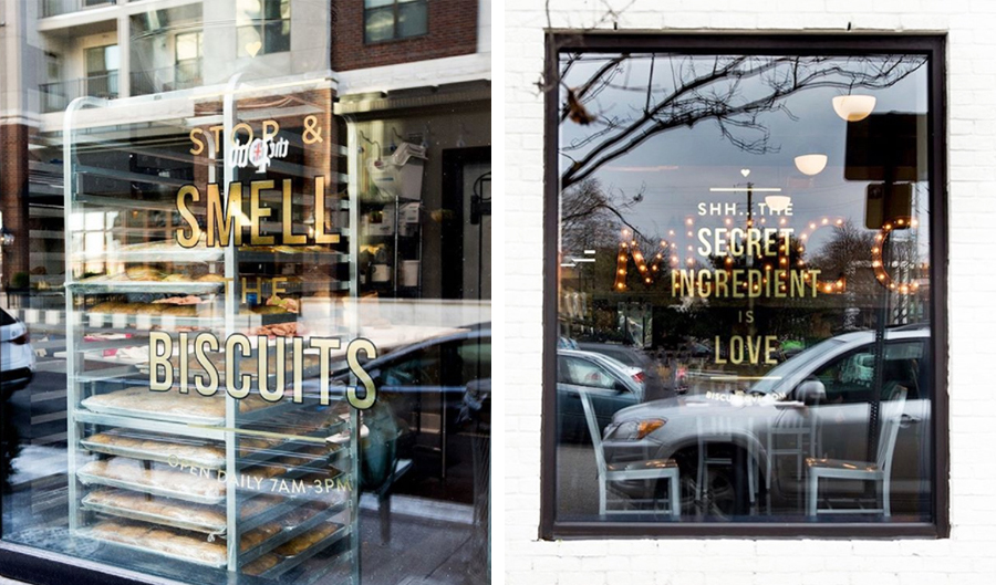 Custom window graphics for Biscuit Love in Nashville. 12-Point SignWorks - Franklin, TN