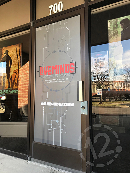 Frosted vinyl with printed graphics for Liveminds Adventure Escape. 12-Point SignWorks - Franklin, TN
