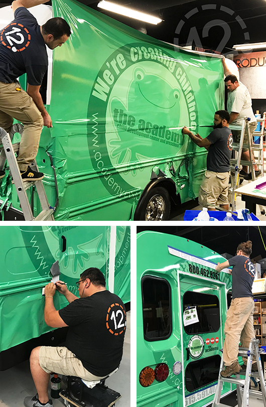 Installation of bus wrap for The Academy Preschools in Franklin, TN by 12-Point SignWorks.
