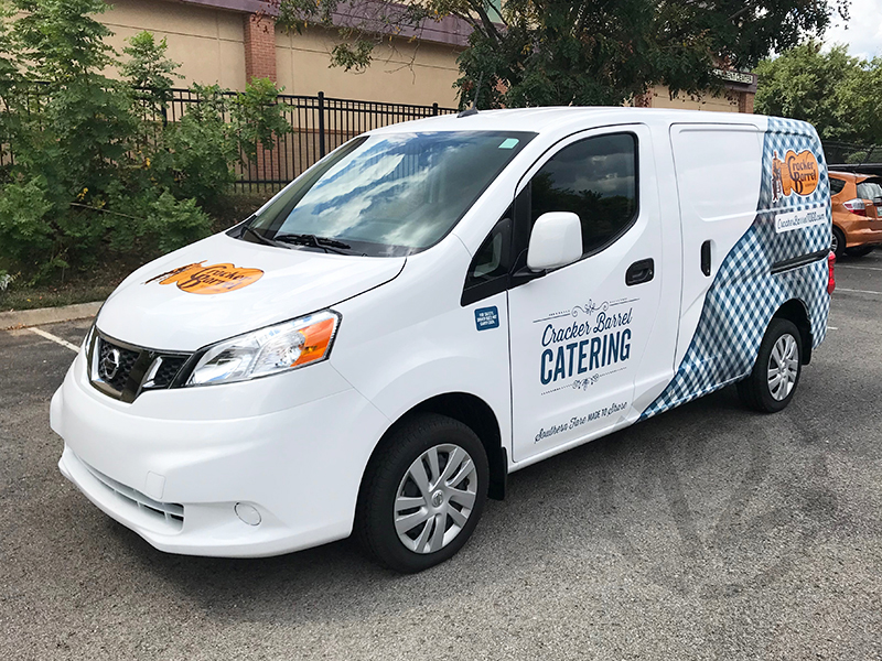 Custom vehicle wrap for Cracker Barrel's Catering Vans by 12-Point SignWorks.