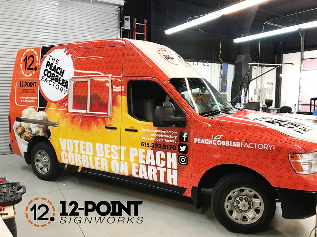 Food truck wrap for The Peach Cobbler Factory Truck by 12-Point SignWorks in Franklin, TN.
