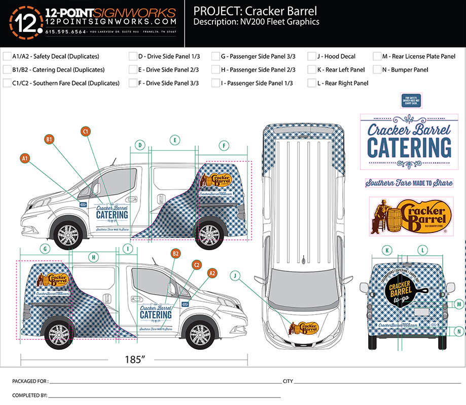Design proof for Cracker Barrel Catering Van Wraps by 12-Point SignWorks in Franklin, TN.