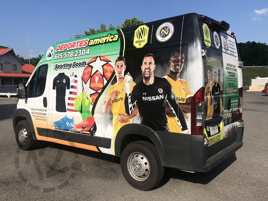 Custom van wrap for Deportes America, SuperLiga America and the Nashville Soccer Club by 12-Point SignWorks in Franklin, TN.