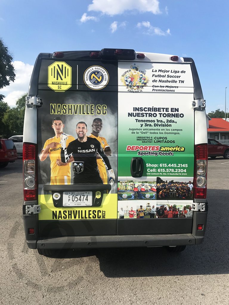Custom van wrap to promote Deportes America, SuperLiga America, and the Nashville Soccer Club by 12-Point SignWorks in Franklin, TN. 