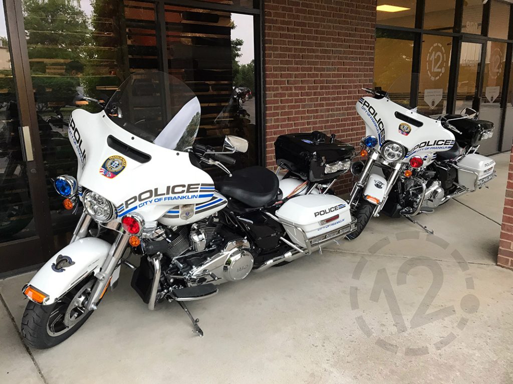 Custom motorcycle decals for the City of Franklin Police Department by 12-Point SignWprks in Franklin, TN.