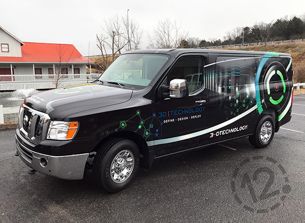 Custom vehicle advertising wrap for 3-D Technology by 12-Point SignWorks in Franklin, TN.