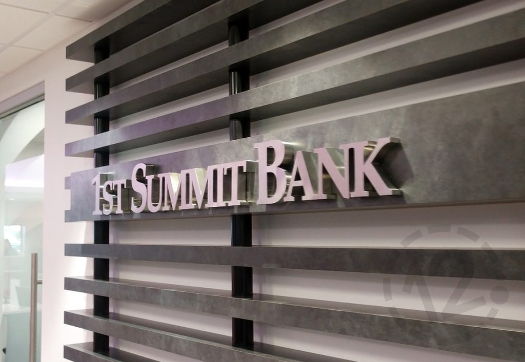 Brushed metal logo sign for 1st Summit Bank in Johnstown, PA by 12-Point SignWorks.