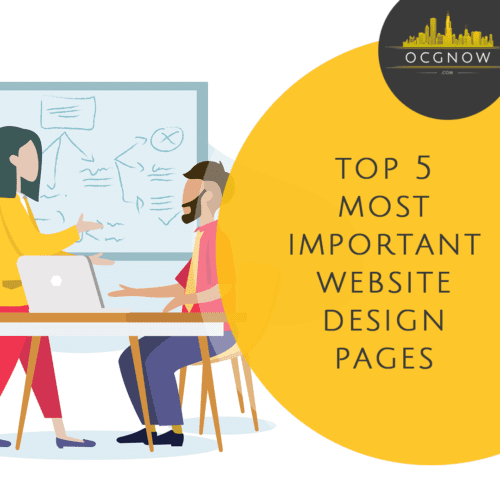 Graphic design depicting marketing team discussing most important pages of a website design