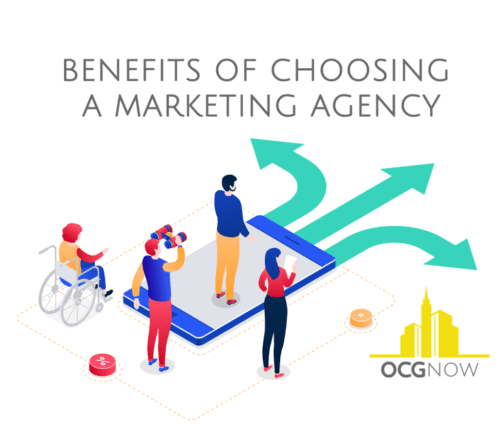 Illustration showing entrepreneurs choosing a digital marketing agency vs freelancer