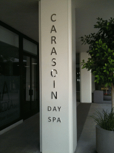 Fabricated steel letters polished to a mirror-finish add a level of sophistication to this upscale day spa located between Beverly Hills and West Hollywood in Los Angeles, CA.