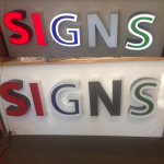 Channel Letters top is lights on, bottom is the same sign, daytime