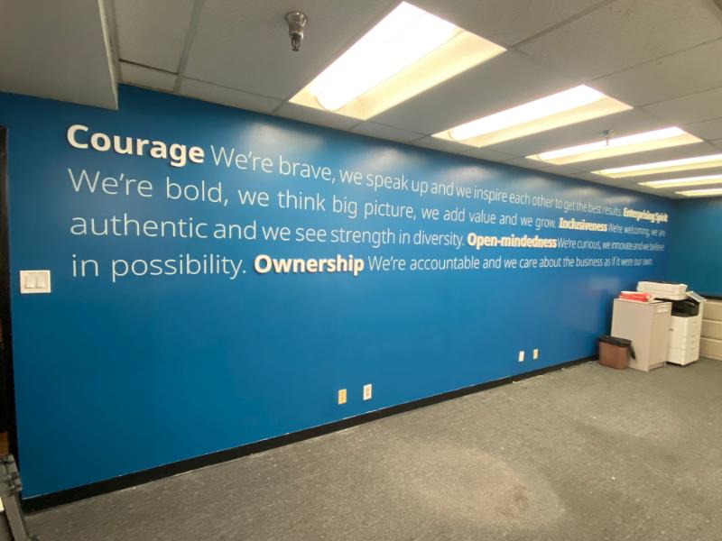 printed wallpaper with 3D lettering in commerce, ca