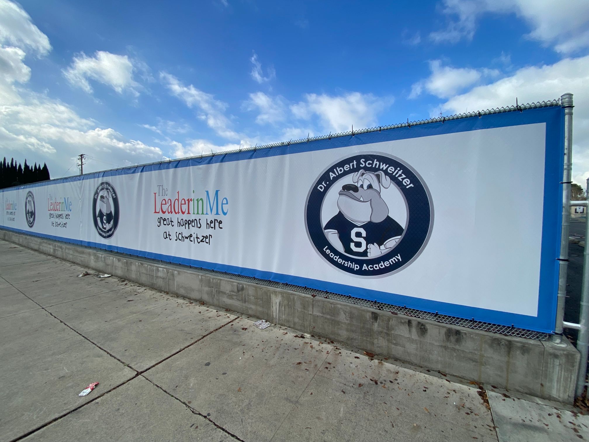 Mesh Fence Banners Decorate Chain Link Fencing at Anaheim CA Schools
