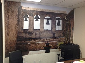 Mission San Juan Capistrano. Mission bells. By Lynn Koellermeier. This hangs on the back wall of Lee's office. 
