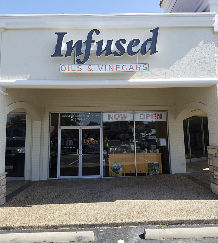 Relocated channel letters for Infused Oil & Vinegars