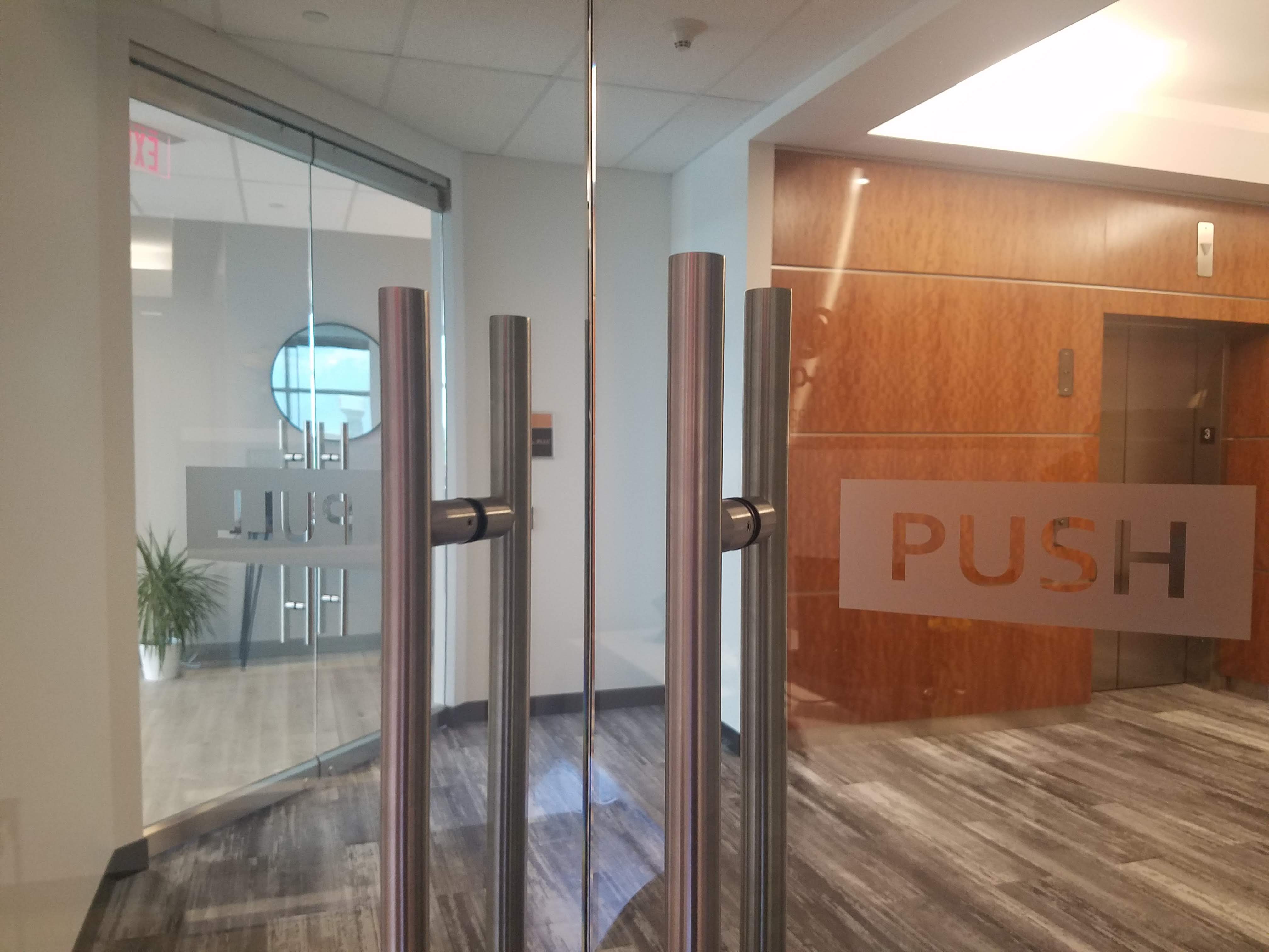 Etched glass Push-Pull identifiers for glass doors