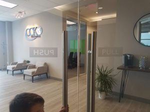 Etched glass vinyl pull push signs