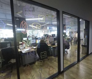 Window mural with vinyl graphics