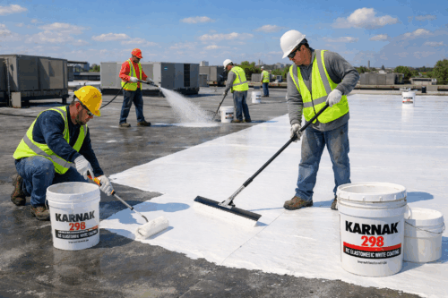 Applying white coating on commercial roof