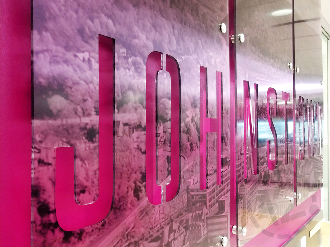 Custom acrylic display for 1st Summit Bank in Johnstown, PA fabricated and installed by 12-Point SignWorks.