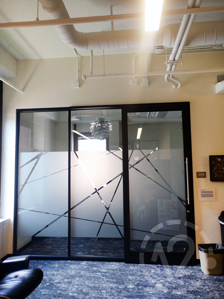 Custom etched vinyl for Belmont University's O'More School of Design in Nashville, TN by 12-Point SignWorks.