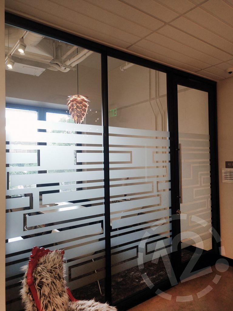 Custom etched vinyl for Belmont's O'More School of Design in Nashville, TN by 12-Point SignWorks. 