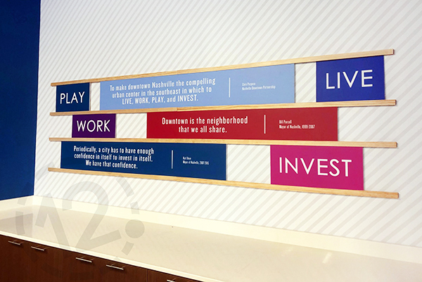 Interchangeable custom sign and wall mural for the Nashville Downtown Partnership by 12-Point SignWorks.