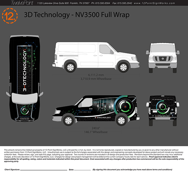 Proof for 3-D Technology's Full-Coverage Custom Wrap. 12-Point SignWorks - Franklin, TN