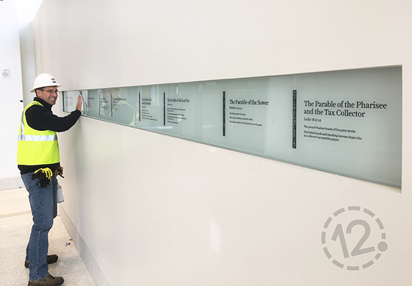 These glass panels describe the eight parables depicted in the stained glass windows. 12-Point SignWorks - Franklin, TN