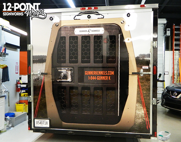 The back of the enclosed trailer for Gunner Kennels. 12-Point SignWorks - Franklin, TN