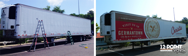 A before and after photo of a semi trailer for The Christie Cookie Co. in Nashville, TN. 12-Point SignWorks
