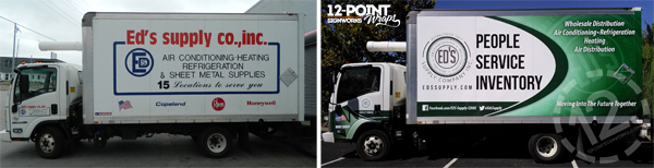What a difference a rebranding project can make! This photo shows the before (old branding) for Ed's and the new (updated) wrap we did on the same 16' Isuzu box truck.