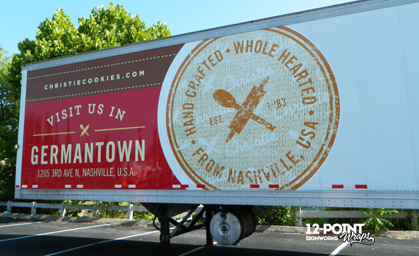 Installed partial graphics on the side of a semi trailer for The Christie Cookie Co. in Nashville, TN. 12-Point SignWorks