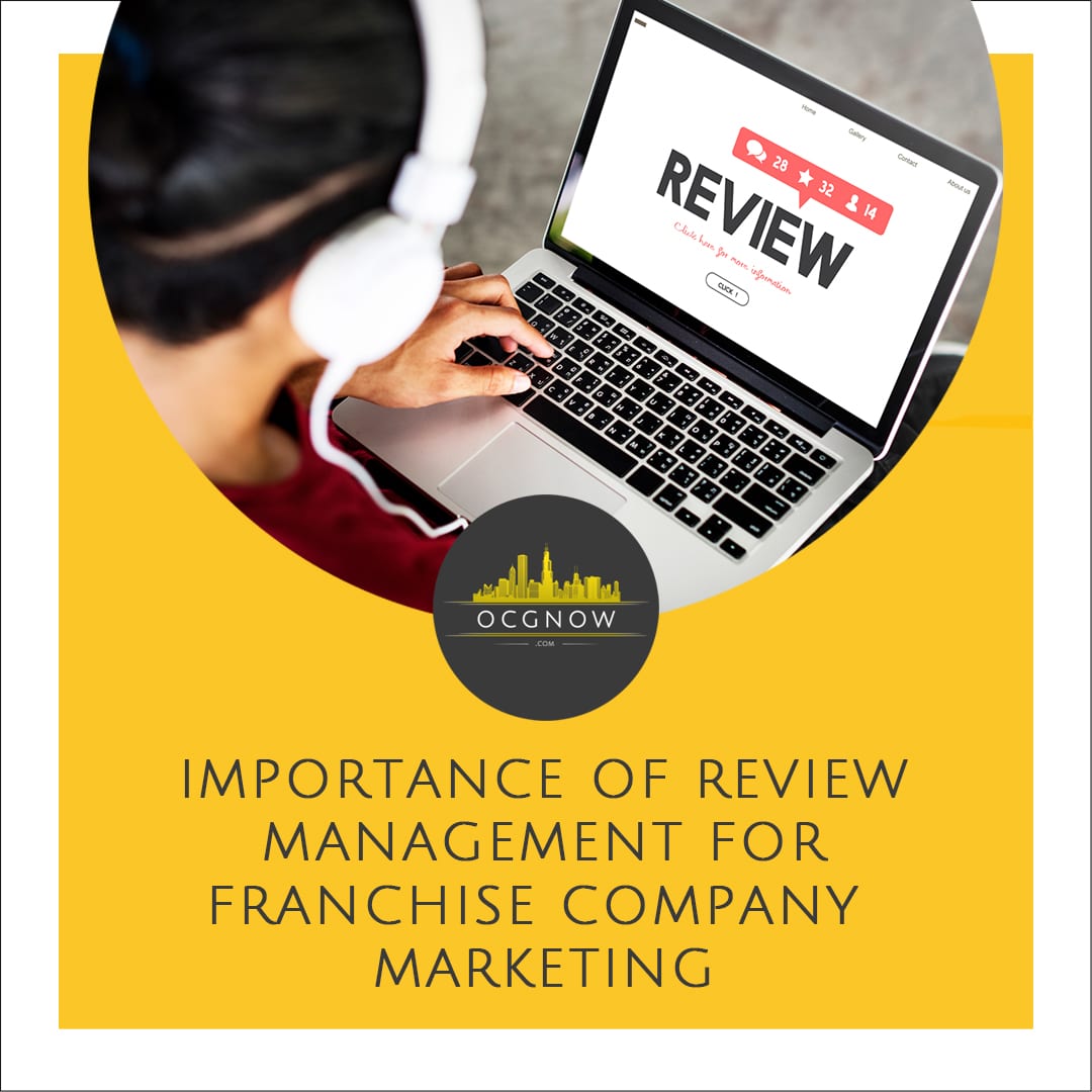 Man entering online review depicting review management franchise company marketing