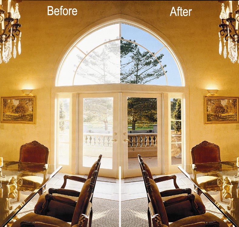 Full size before and after film on glass doors