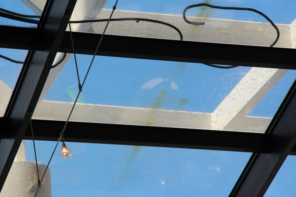 Glass panel with rust stains