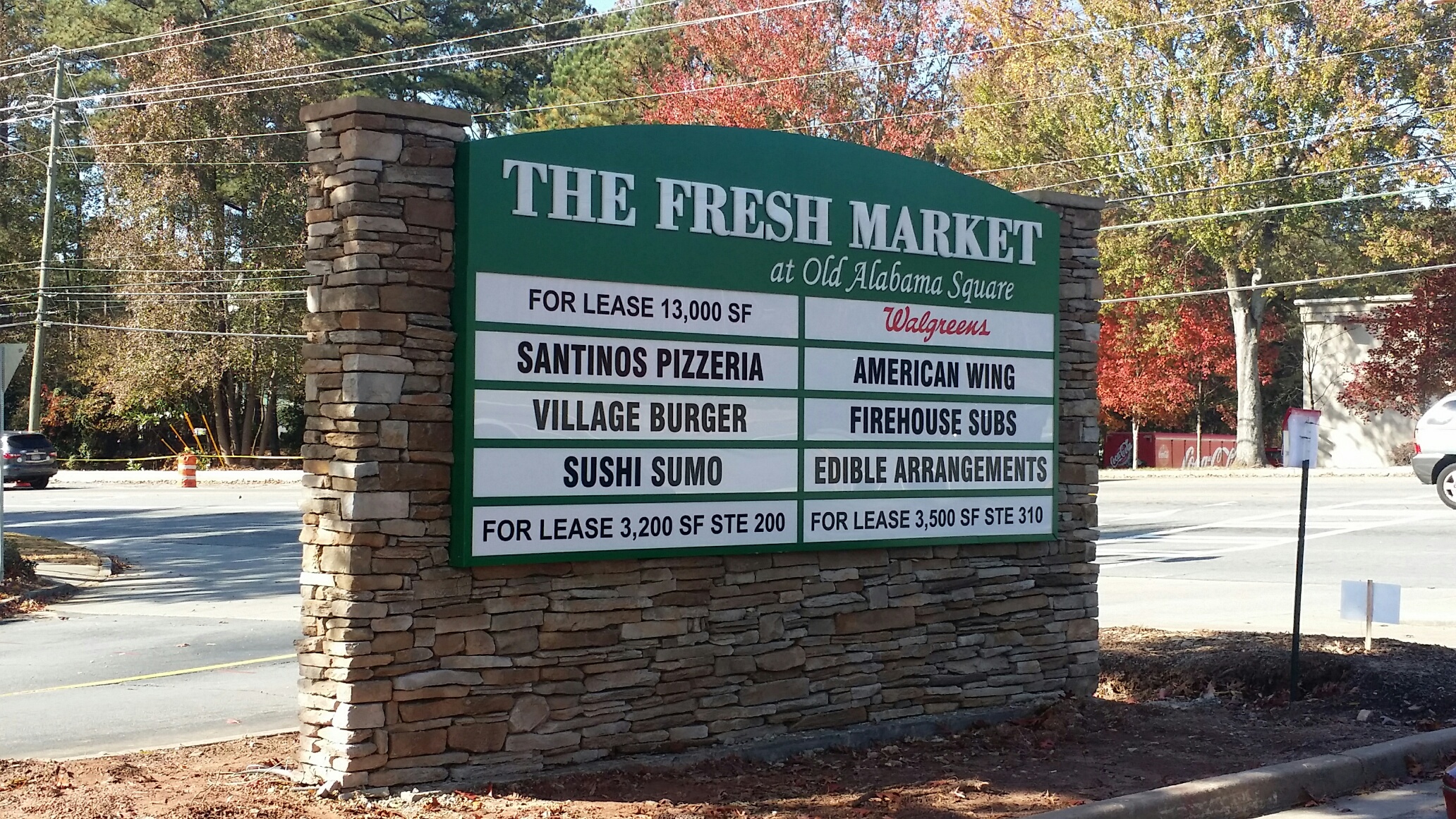 Stacked Stone Monument Signs in Johns Creek, GA for Old Alabama Square Shopping Center