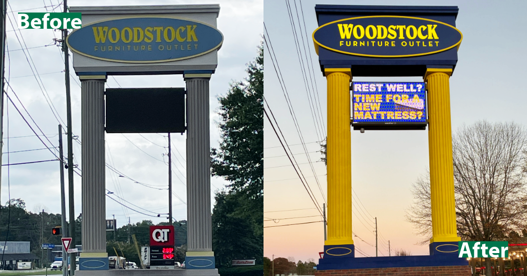 Monument sign restoration before and after Metro Atlanta - Woodstock Furniture Outlet faded sign transformed by Signs & More