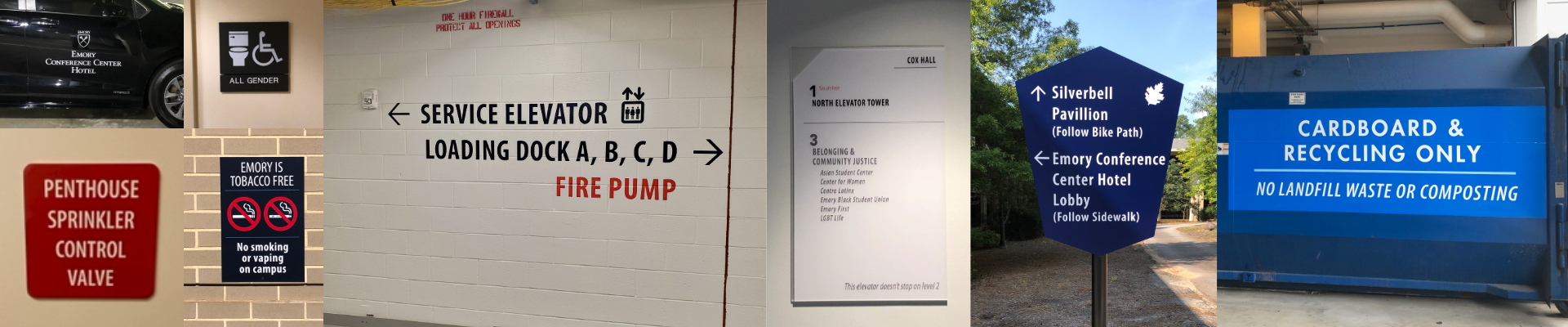 Collage of Emory University campus signage in Atlanta, Georgia, including wayfinding, service elevator and loading dock directionals, room identification, and facility safety signs.