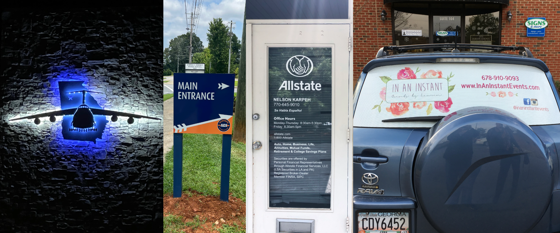 Collage of business signage examples including a main entrance directional sign, office hours door lettering, and a vehicle wrap, showing full-service signage solutions in Metro Atlanta.