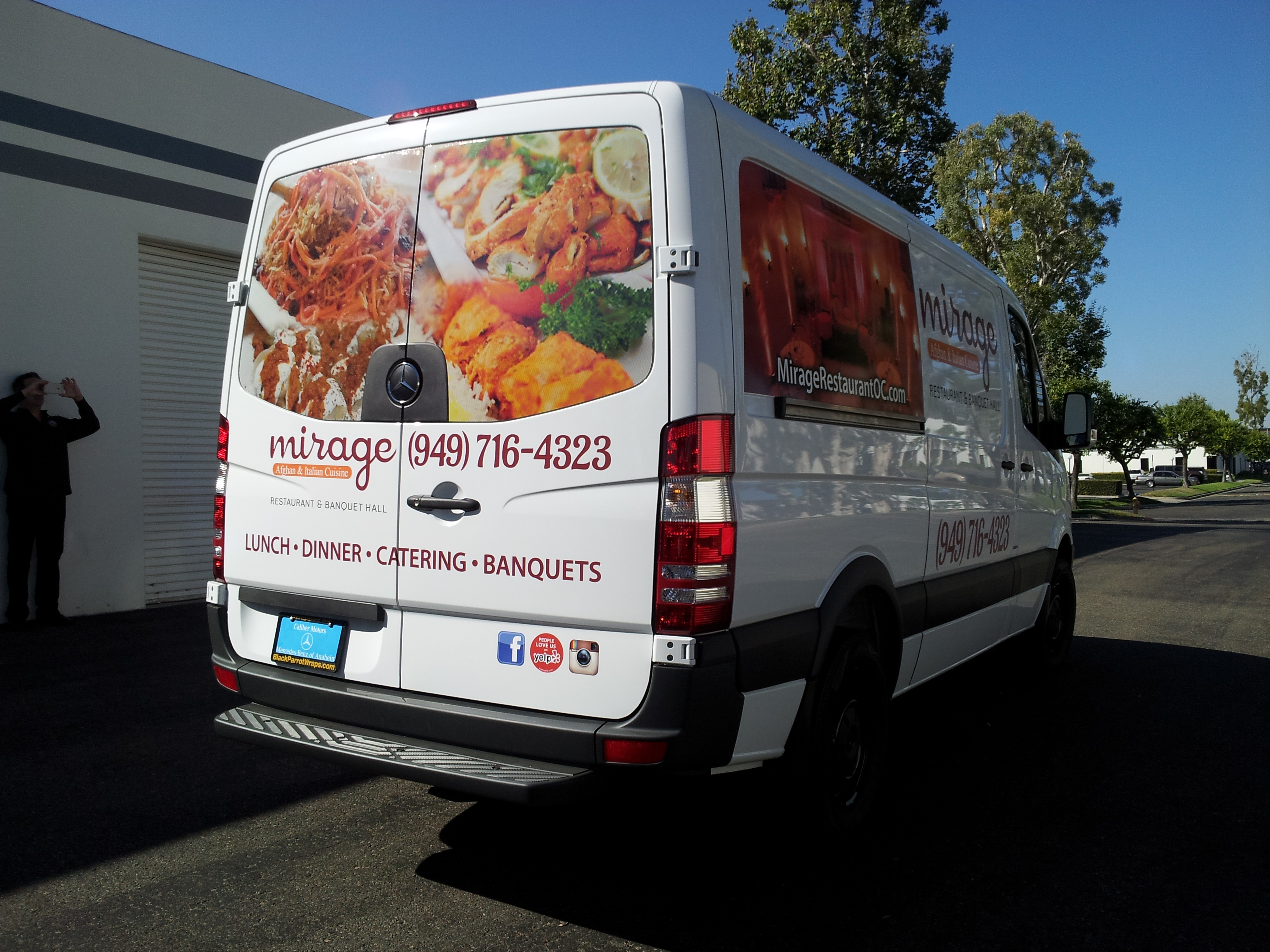 Tustin, CA – Large Falcon Flags and Partial Vehicle Wrap for Mirage Catering and Events