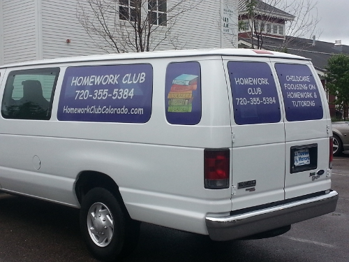 Window Graphics Installation Project for Homework Club's Transportation Van in Westminster, CO